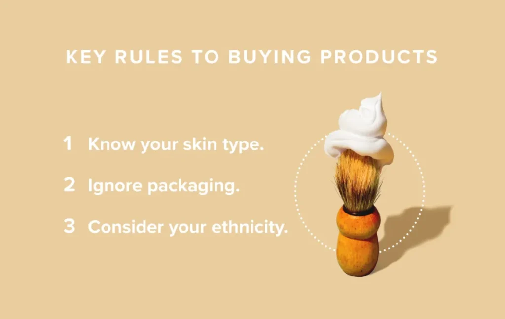 An image showing "Key Rules to Buying Products" with three numbered points: 1. Know your skin type. 2. Ignore packaging. 3. Consider your ethnicity. On the right side is an illustration of a shaving brush with white shaving cream on top, enclosed in a dotted circle. glow up your skin